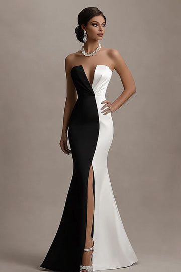 Black White Satin Mermaid Strapless Long Formal Dress with Slit